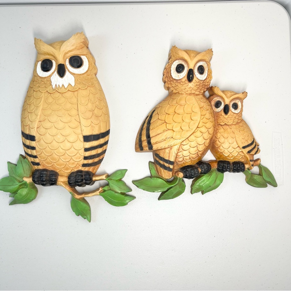 Vintage Homco Plastic Molded Owl Family Wall Nursery Decor Set Of Two